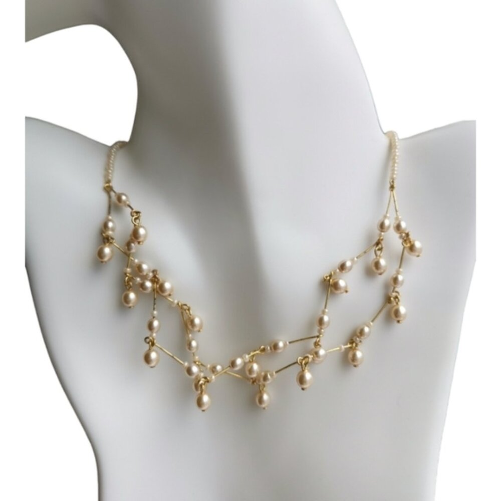 Vintage Czech Abstract Cream Pearl Necklace in Gold Tone